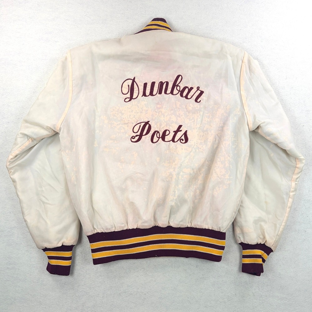 Vintage DeLONG Chainstitch Dunbar Poets Varsity Jacket White Maroon Mens Small